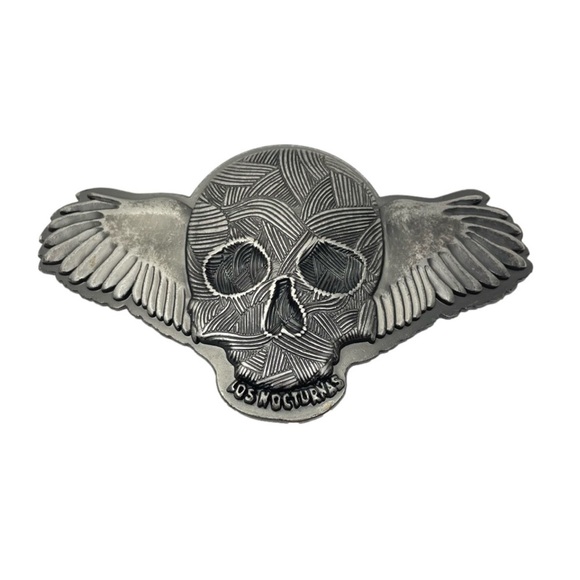 Vintage Winged HEAD SKULL Metal BELT BUCKLE signed Los Nocturnas - Picture 1 of 11